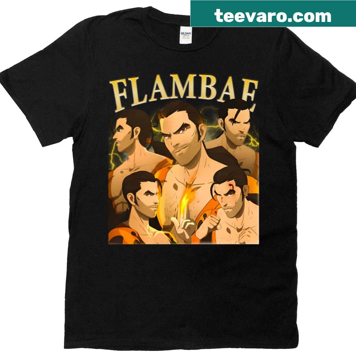 Flambae Dispatch logo graphic on a t-shirt — on a men's t-shirt