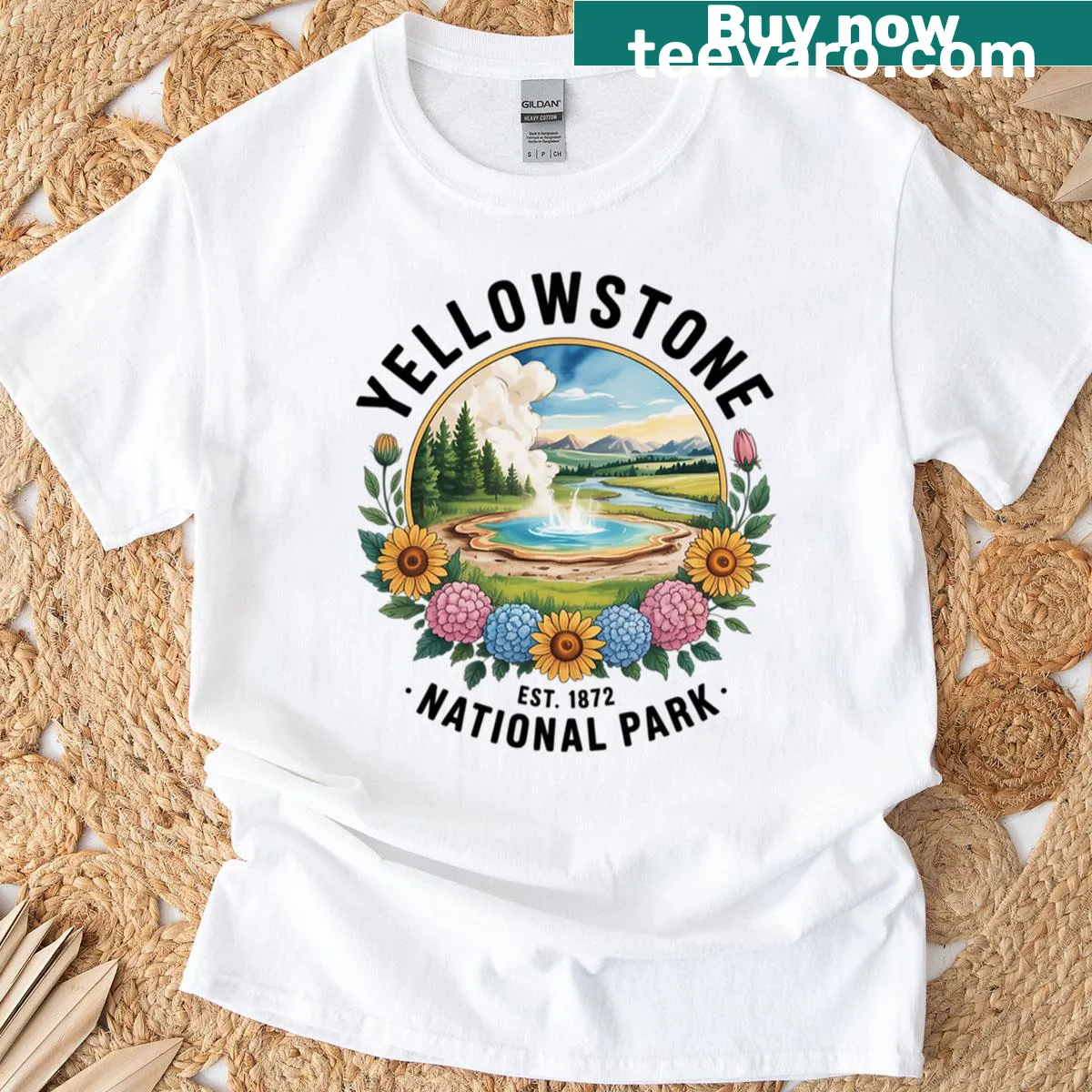 Illustration of Yellowstone National Park with floral elements — on a men's t-shirt