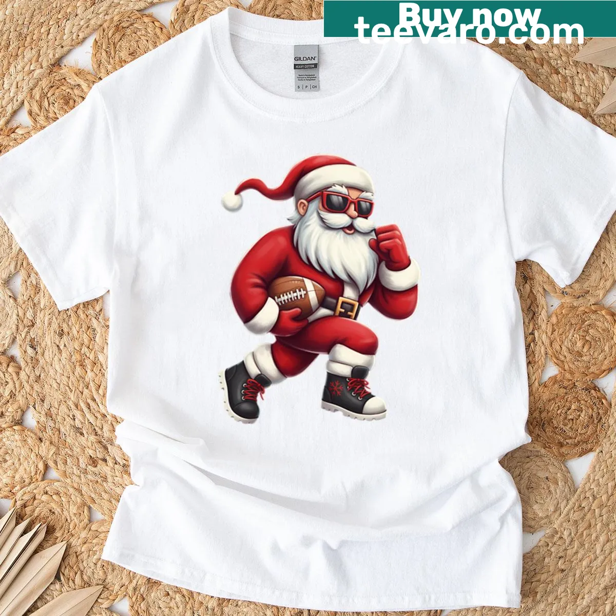 Santa dressed as a football player graphic on T-shirt — on a men's t-shirt
