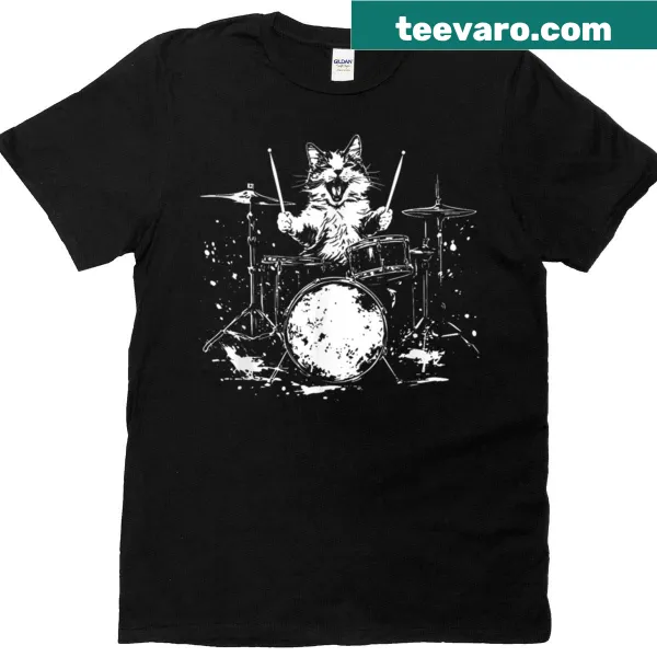 Funny cat drummer t-shirt featuring a cartoon cat with drumsticks