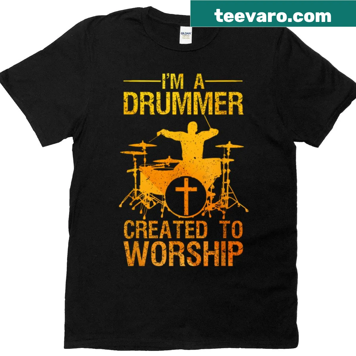 Illustration of a drummer with musical notes, celebrating faith and music — on a men's t-shirt