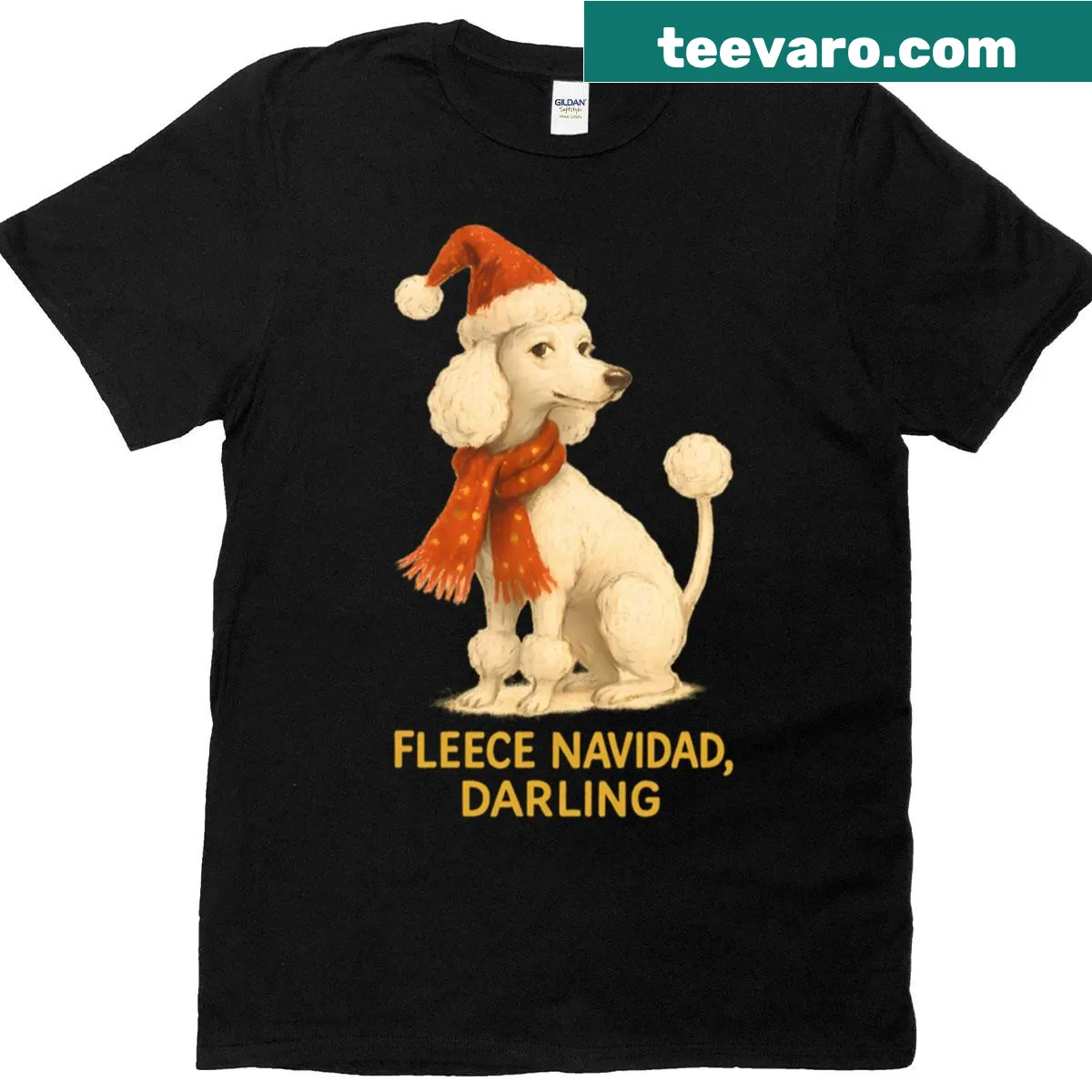 Illustration of a cute Christmas poodle in festive attire — on a men's t-shirt