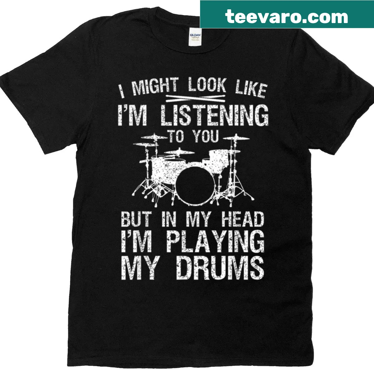 Cartoon drummer t-shirt featuring a humorous graphic of a playing drummer — on a men's t-shirt