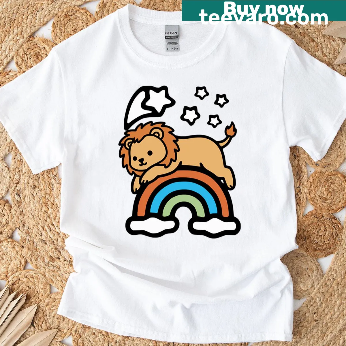 Cartoon lion with clouds and stars graphic T-shirt — on a men's t-shirt