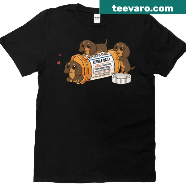 Cartoon Dachshund graphic with funny phrases on a kids' t-shirt