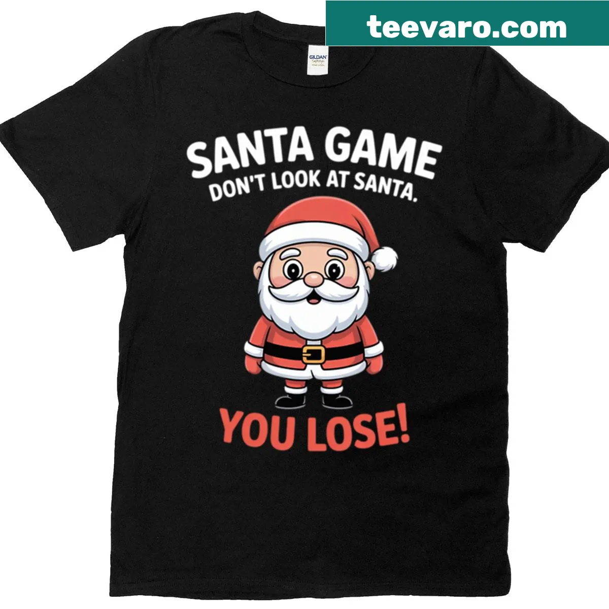 Humorous Christmas T-shirt with a pun about Santa Claus — on a men's t-shirt