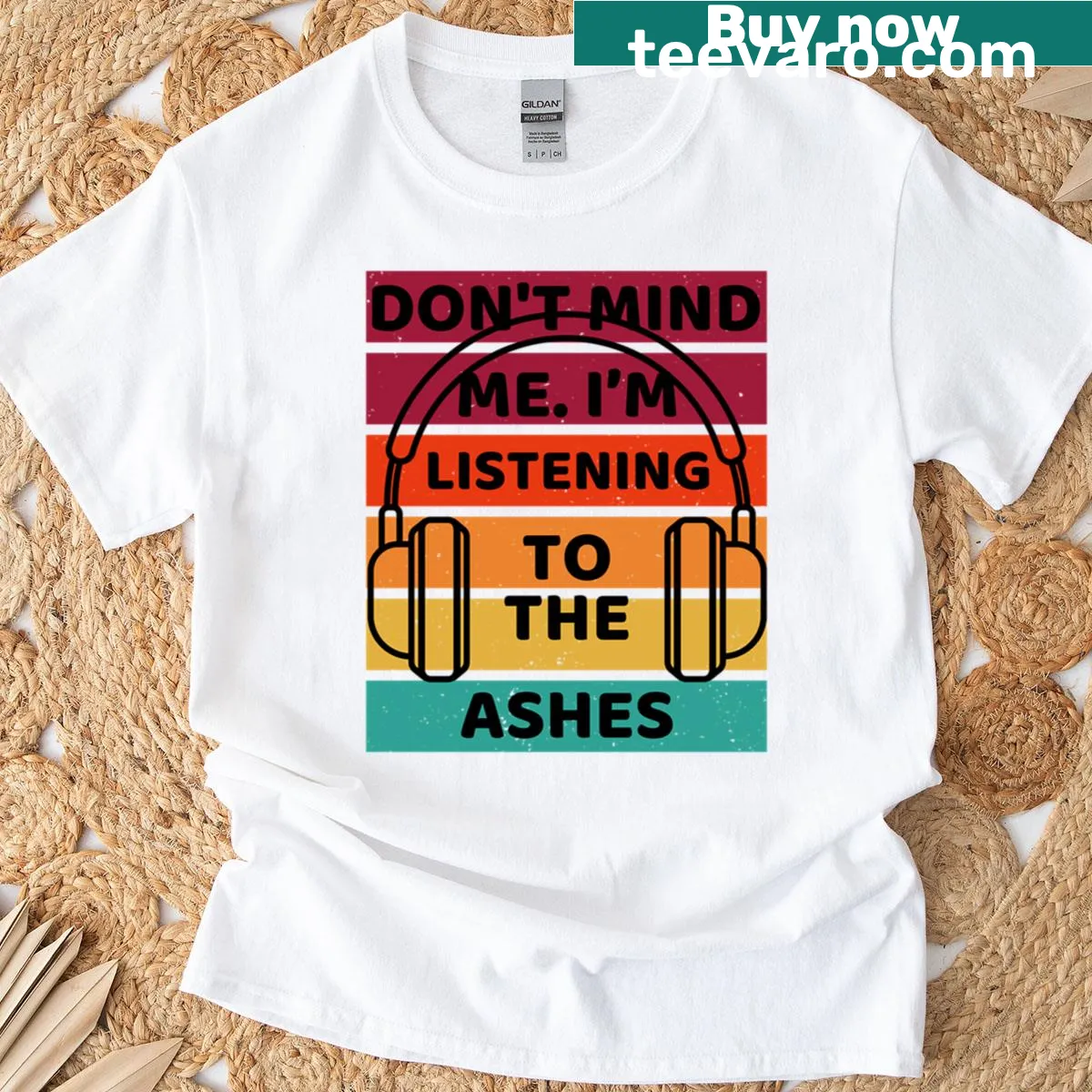 Vintage-style t-shirt with retro sunset and I'm Listening To The Ashes text — on a men's t-shirt