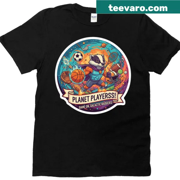 Cartoon badger in space with stars and planets on t-shirt