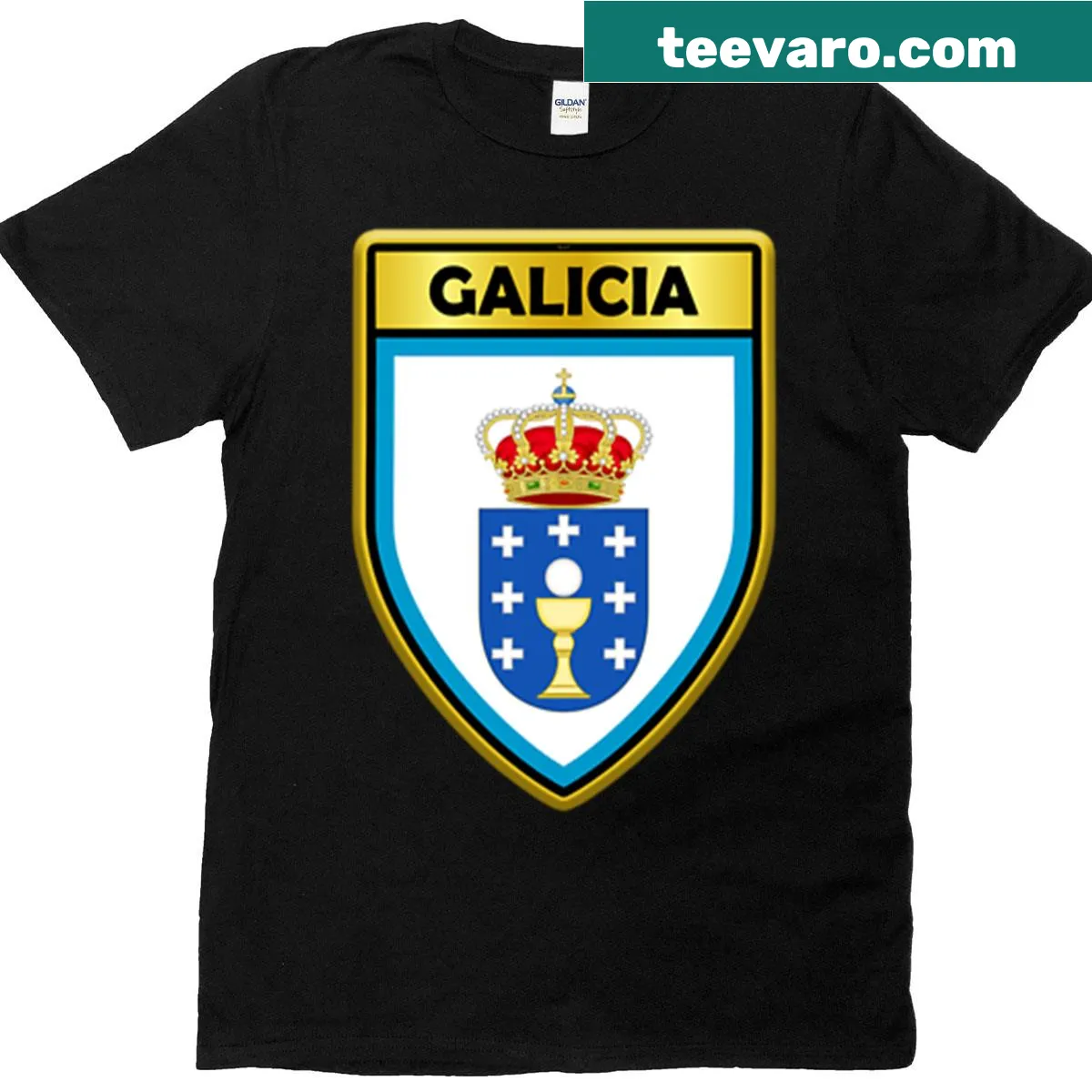 Typography design showcasing Galicia Gifts and stickers theme — on a men's t-shirt