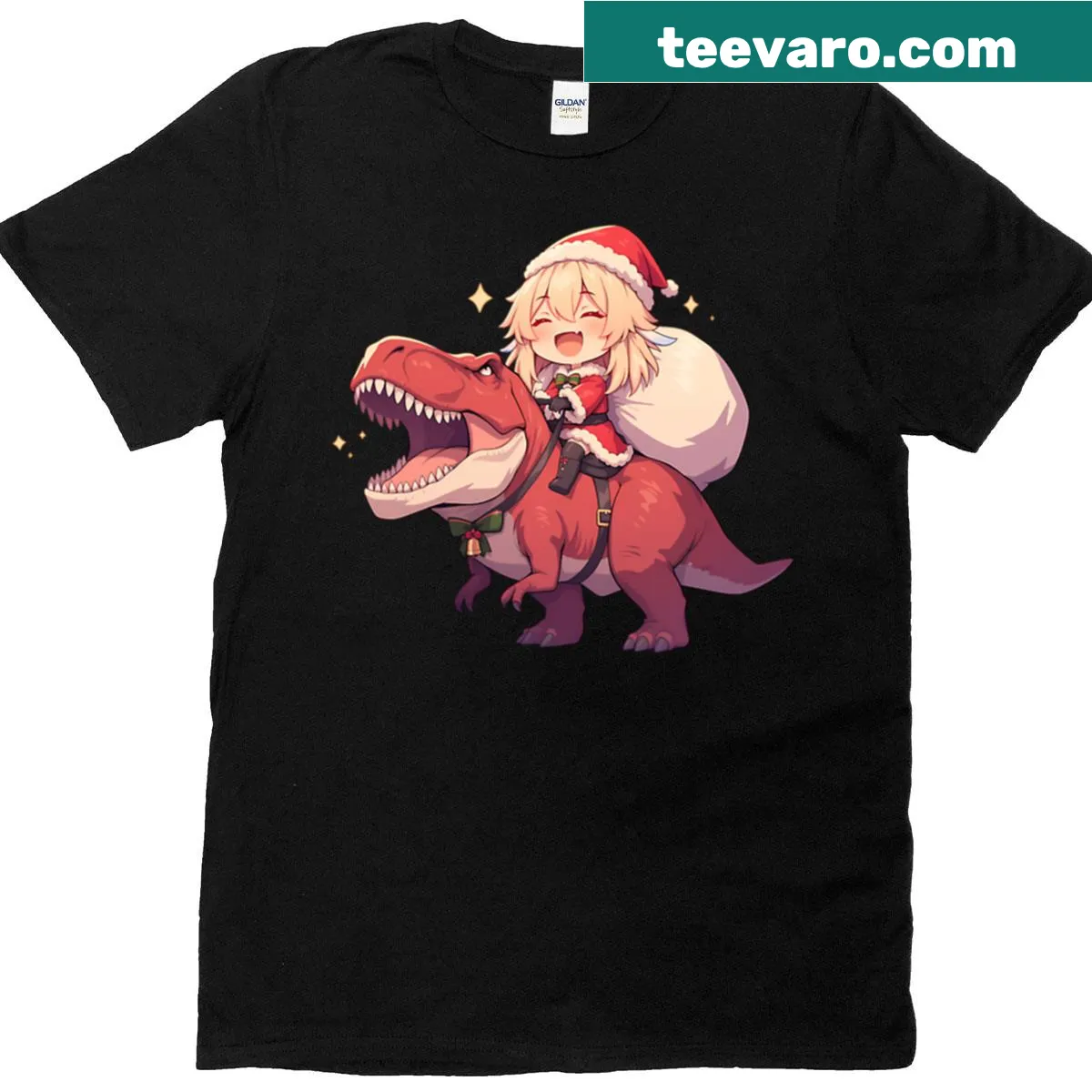 Chibi dinosaur warrior design for Christmas on a t-shirt — on a men's t-shirt
