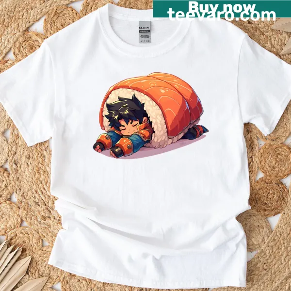 Chibi Jin Kisaragi graphic T-shirt featuring sushi theme and playful design