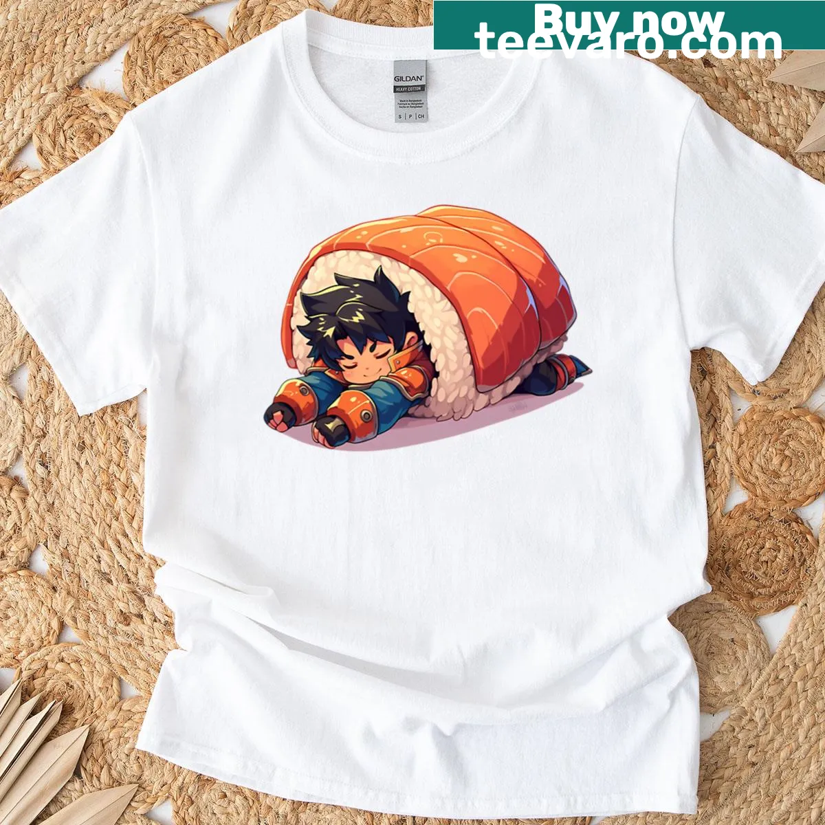 Chibi Jin Kisaragi graphic T-shirt featuring sushi theme and playful design — on a men's t-shirt
