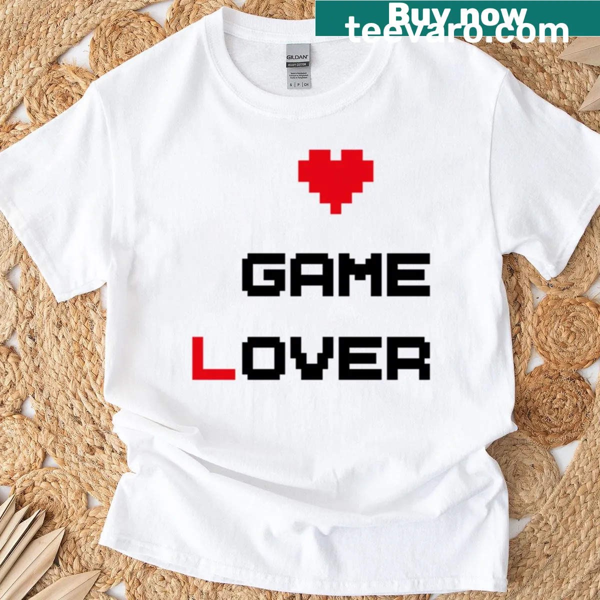 16-bit pixel art heart graphic on a T-shirt — on a men's t-shirt