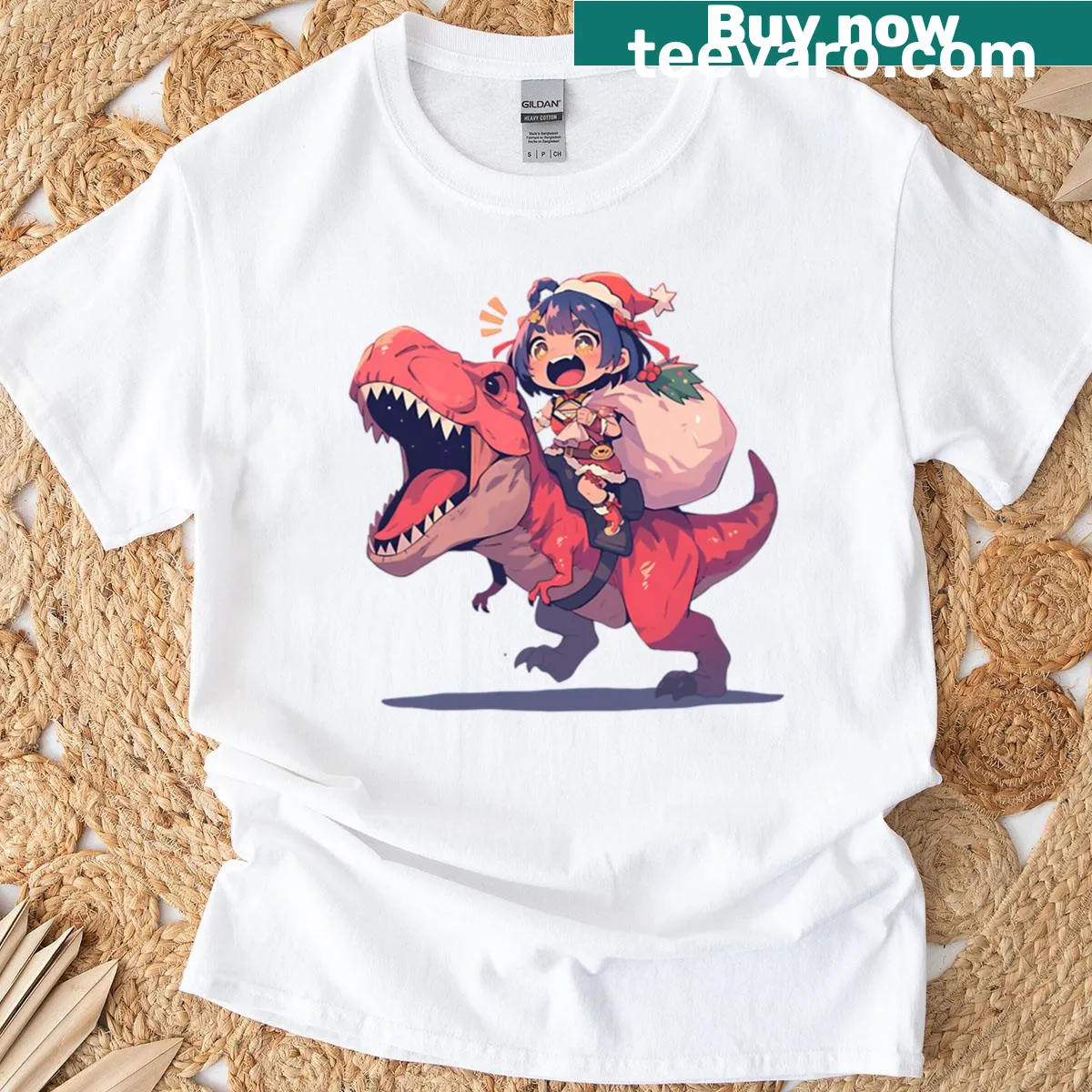 Cute Christmas t-shirt with chibi dinosaur ride from Genshin Impact — on a men's t-shirt