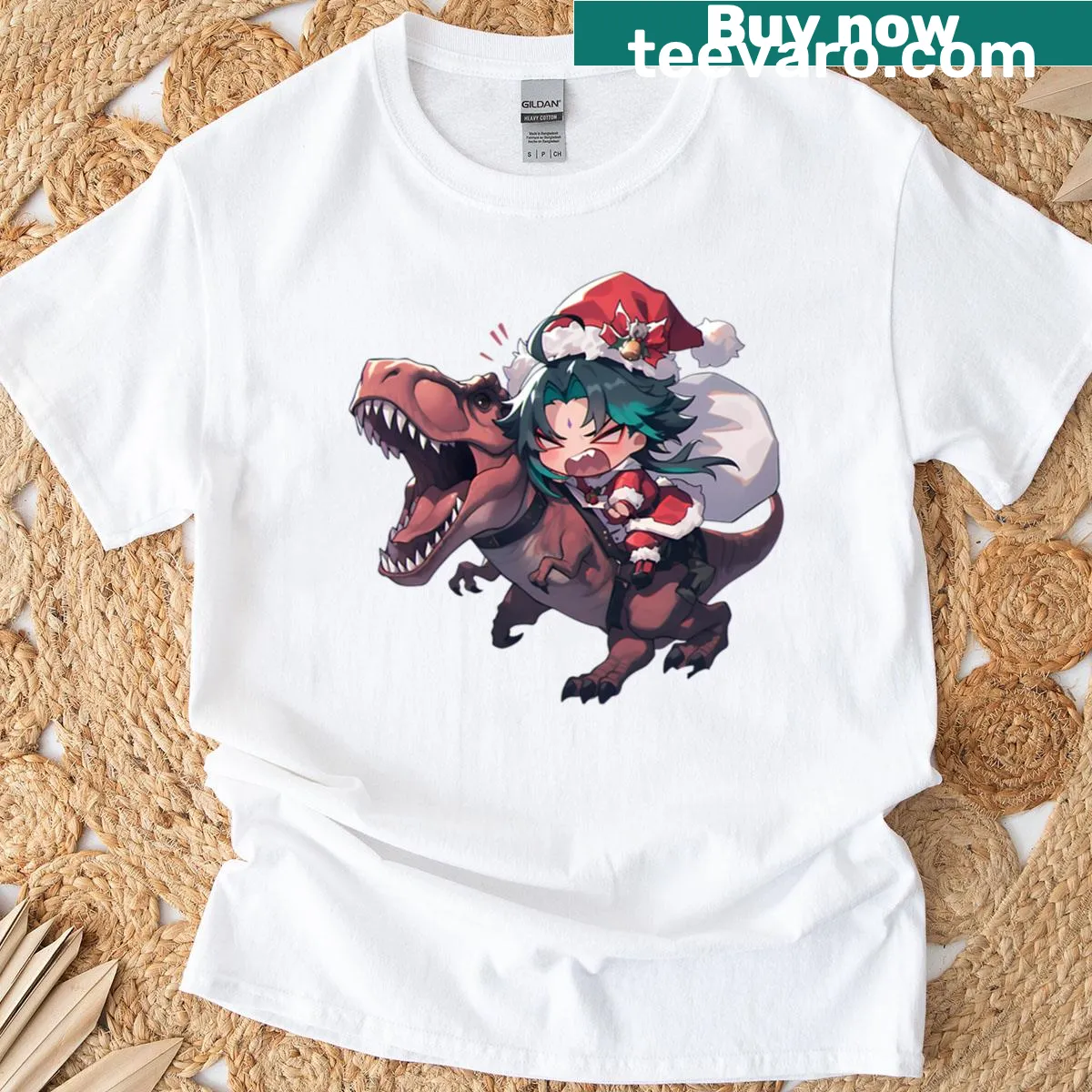 Chibi style T-shirt featuring a dinosaur ride from Genshin Impact — on a men's t-shirt