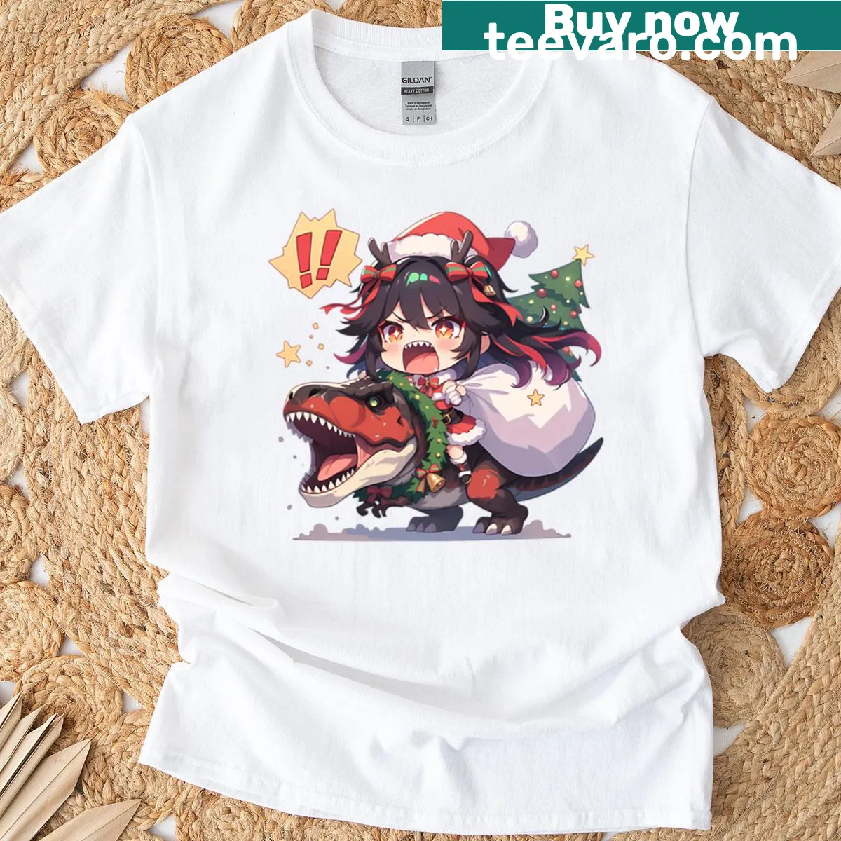 Christmas-themed chibi dinosaur rocking out design — on a men's t-shirt