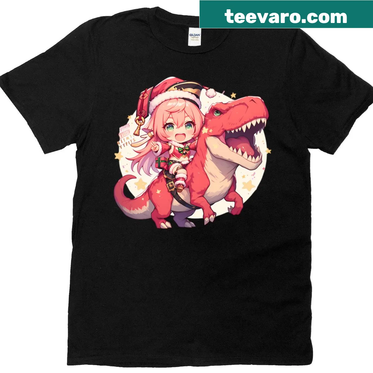 Yanfei riding a dinosaur graphic on Christmas T-shirt — on a men's t-shirt