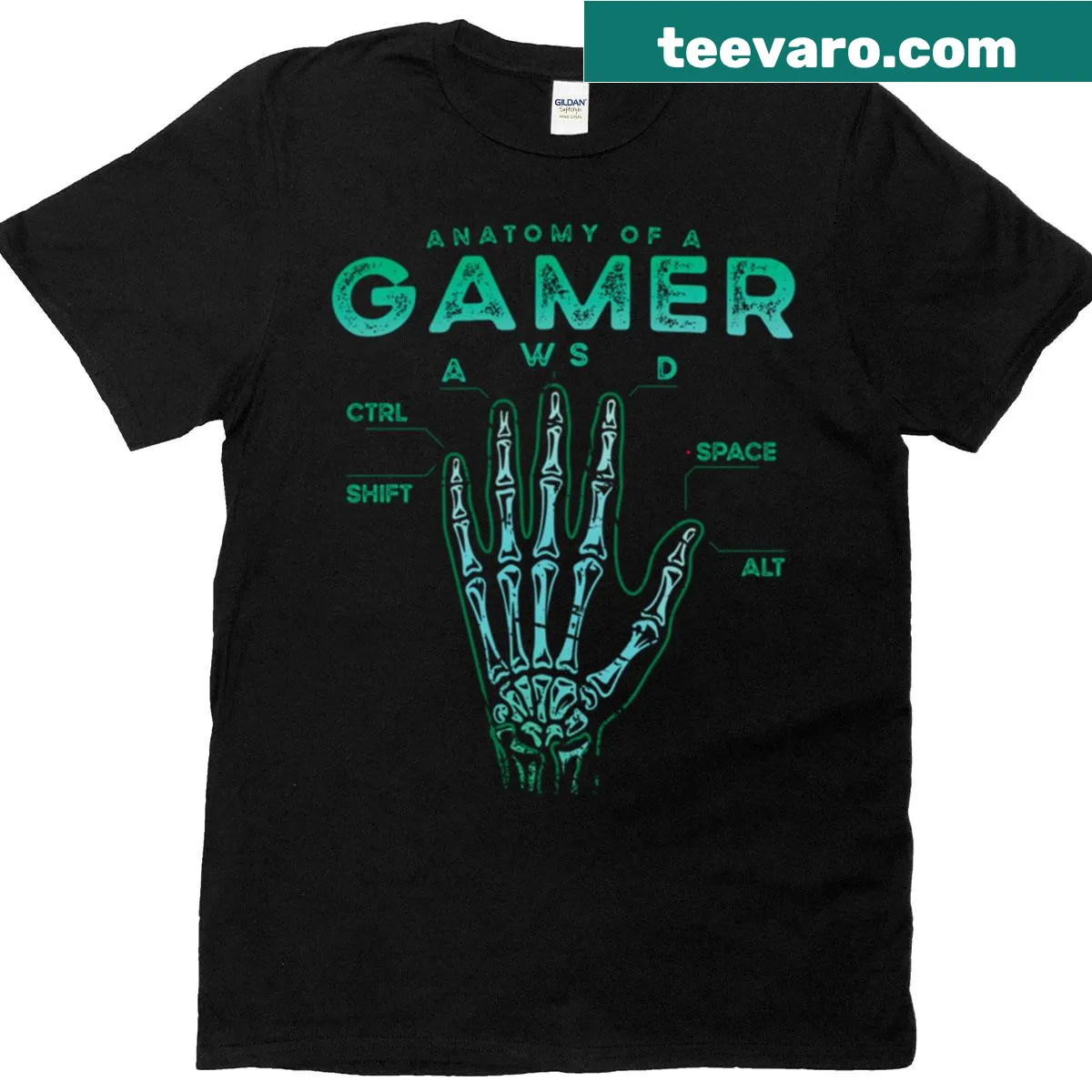 Cartoon skeleton hand holding a game controller on T-shirt — on a men's t-shirt