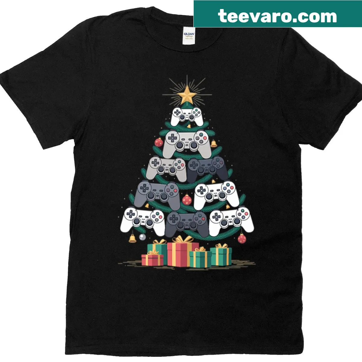 Christmas-themed illustration combining gaming and holiday spirit — on a men's t-shirt