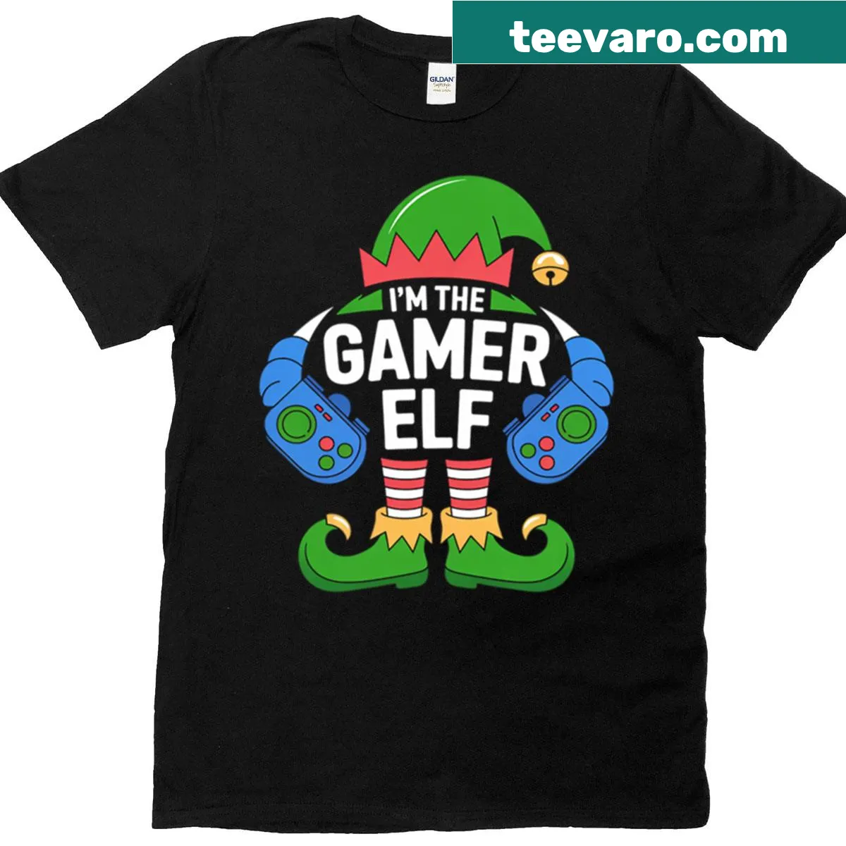 Cartoon design of a gamer elf for family Christmas celebrations — on a men's t-shirt
