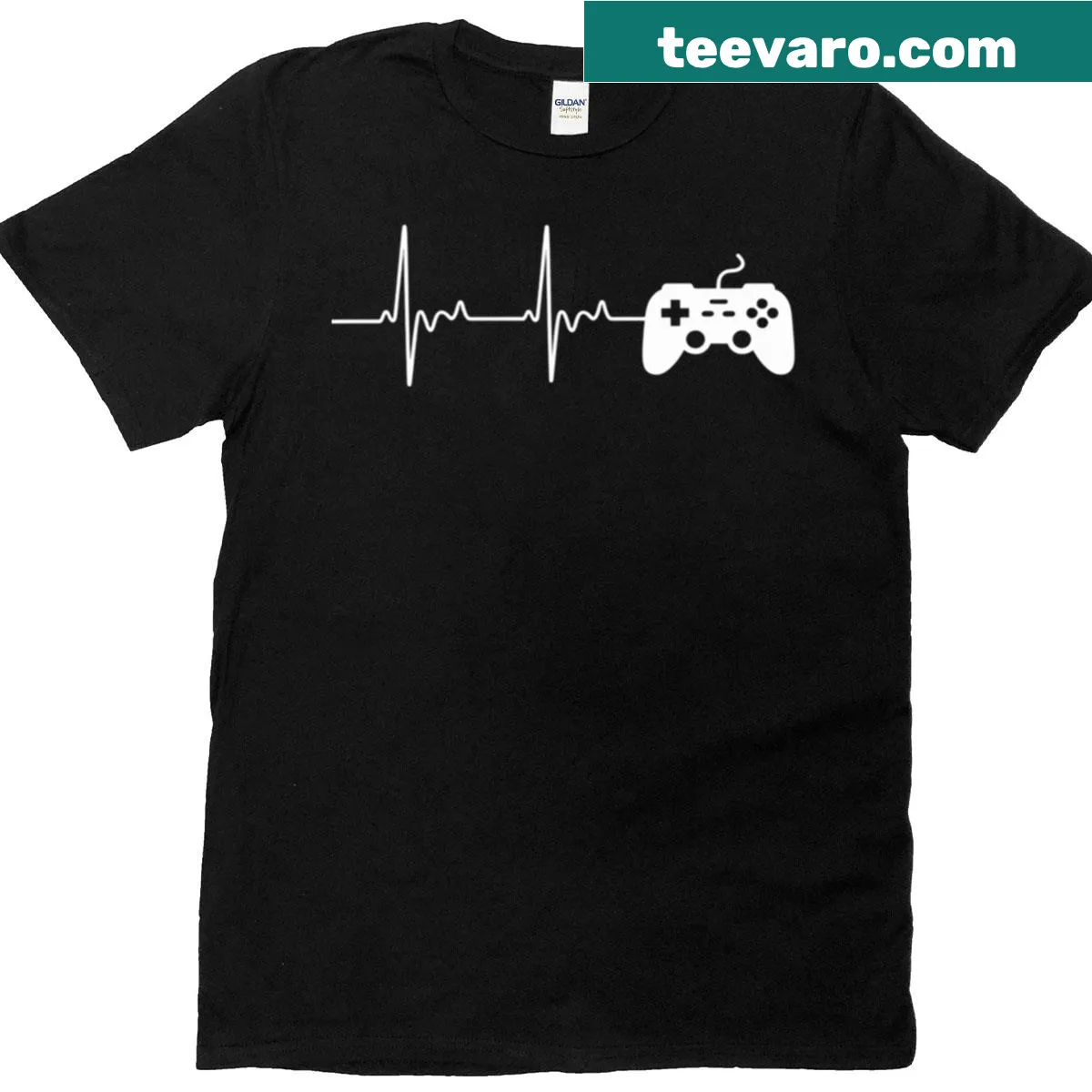 Graphic T-shirt featuring a heartbeat line and gaming symbols — on a men's t-shirt