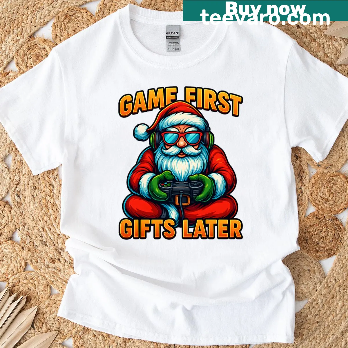 Christmas t-shirt with Gamer Santa and humorous gaming phrase — on a men's t-shirt