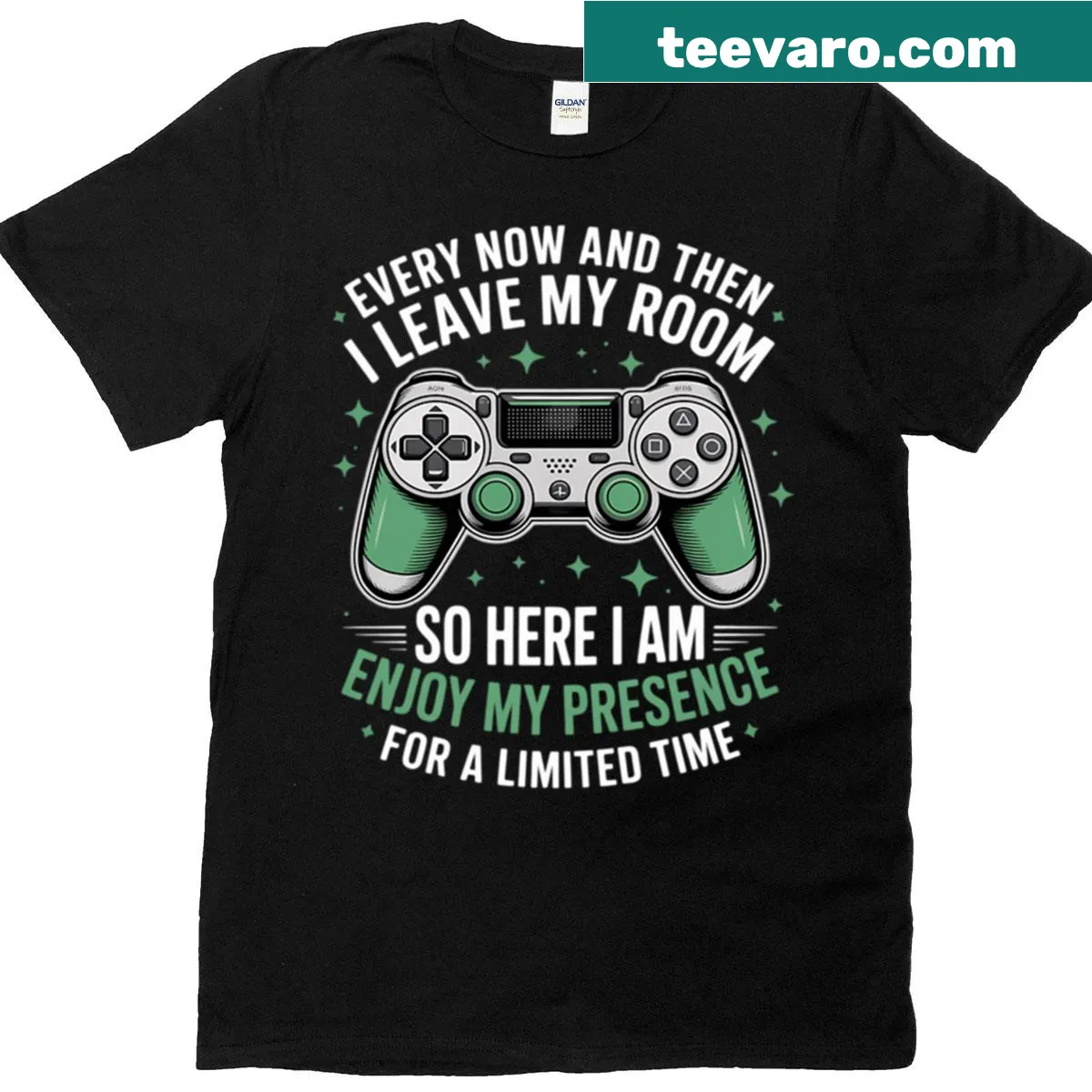 Playful gamer T-shirt proclaiming infrequent exits from the room — on a men's t-shirt