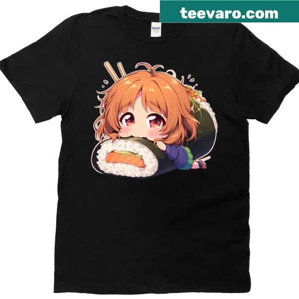 Cute chibi design T-shirt featuring anime character Nishizumi Miho and sushi