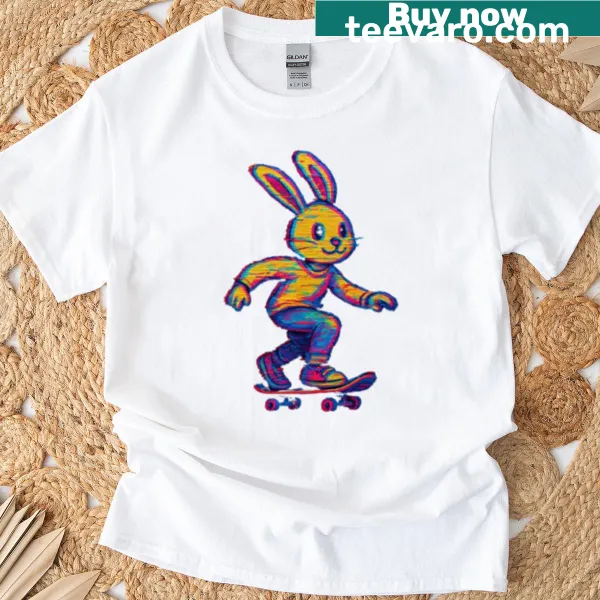 Illustration of a glitchy bunny in a skater pose, embodying a cyberpunk vibe