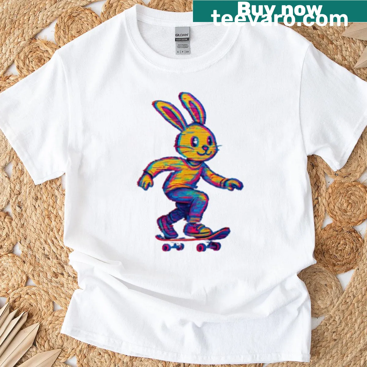 Illustration of a glitchy bunny in a skater pose, embodying a cyberpunk vibe — on a men's t-shirt