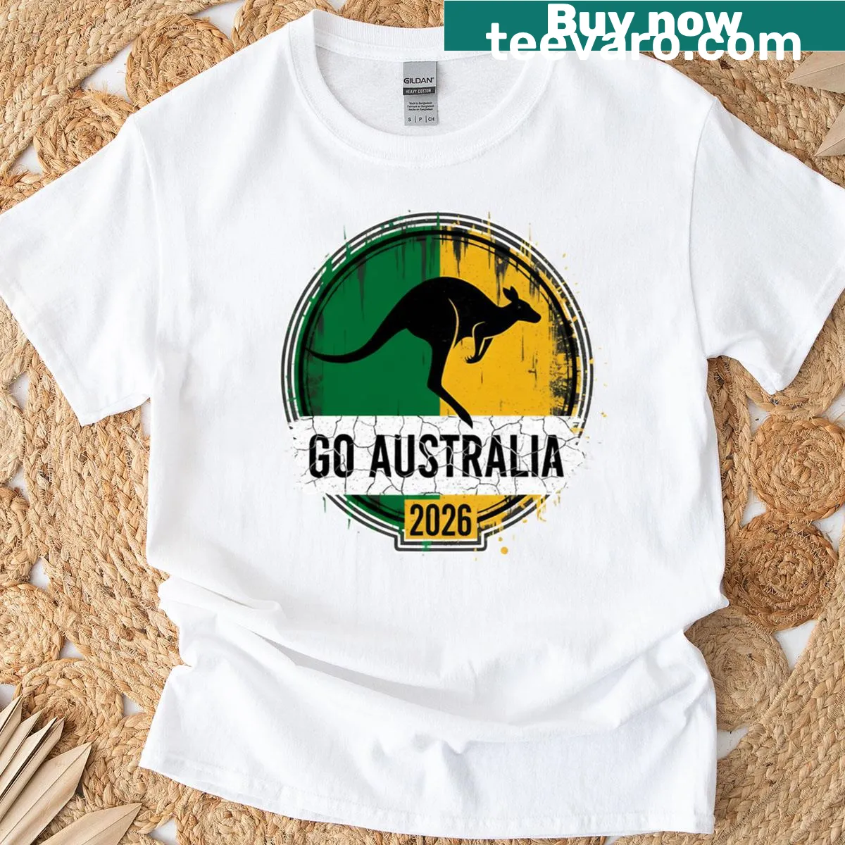 Golden green kangaroo emblem design for Australia 2026 — on a men's t-shirt