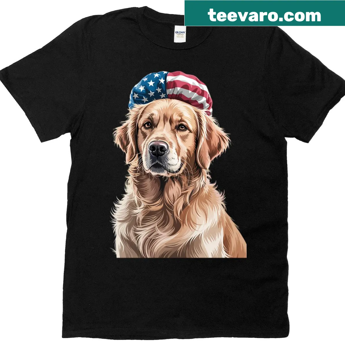 T-shirt with golden retriever and American flag illustration — on a men's t-shirt
