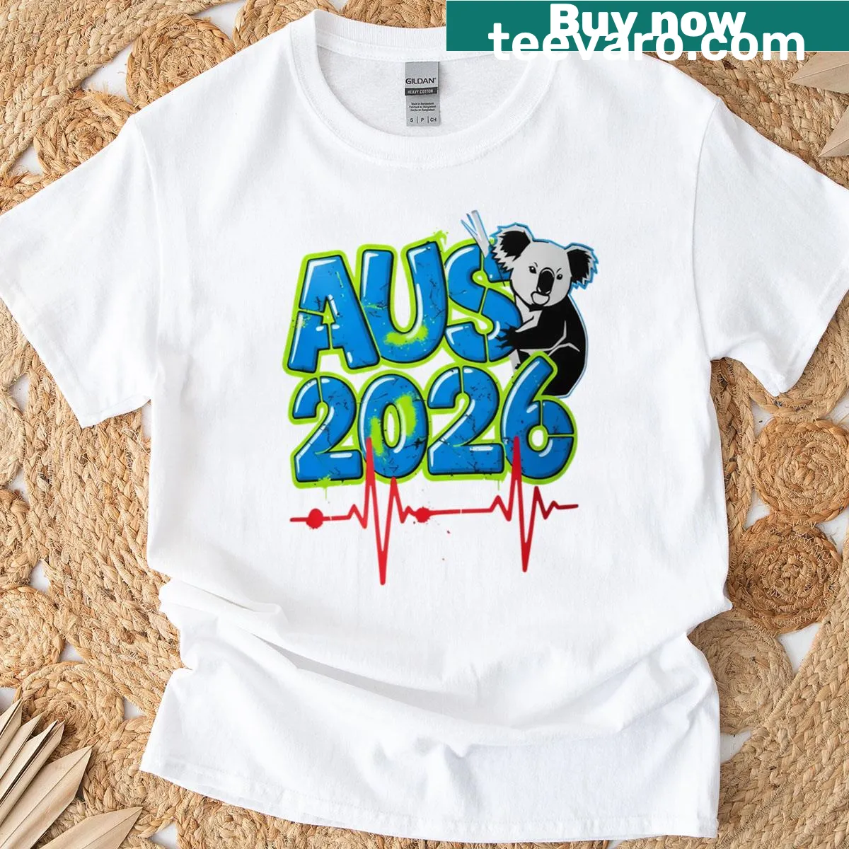 Graffiti-style koala soccer design T-shirt celebrating Australia 2026 — on a men's t-shirt