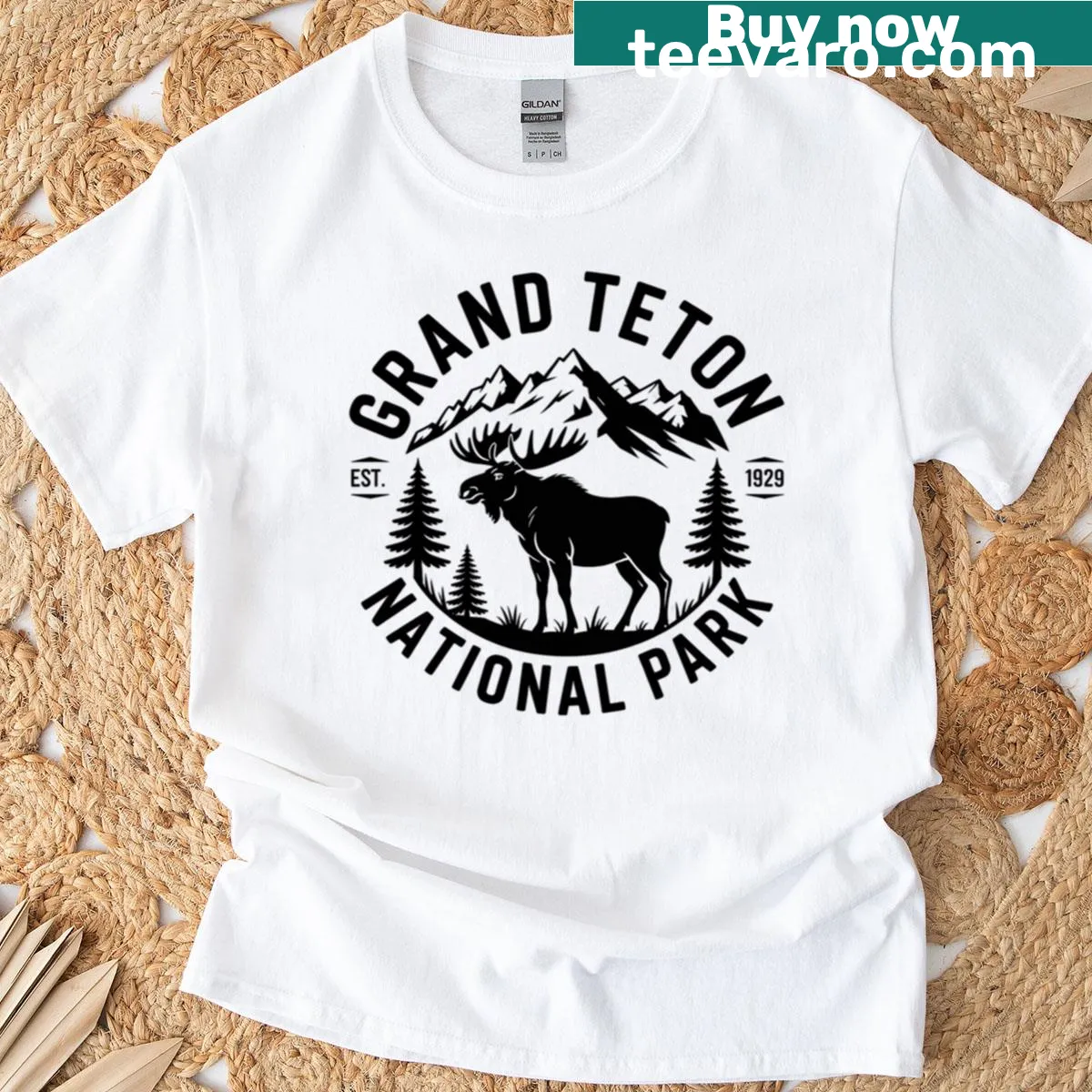 Illustrated moose design on a t-shirt representing Grand Teton National Park — on a men's t-shirt