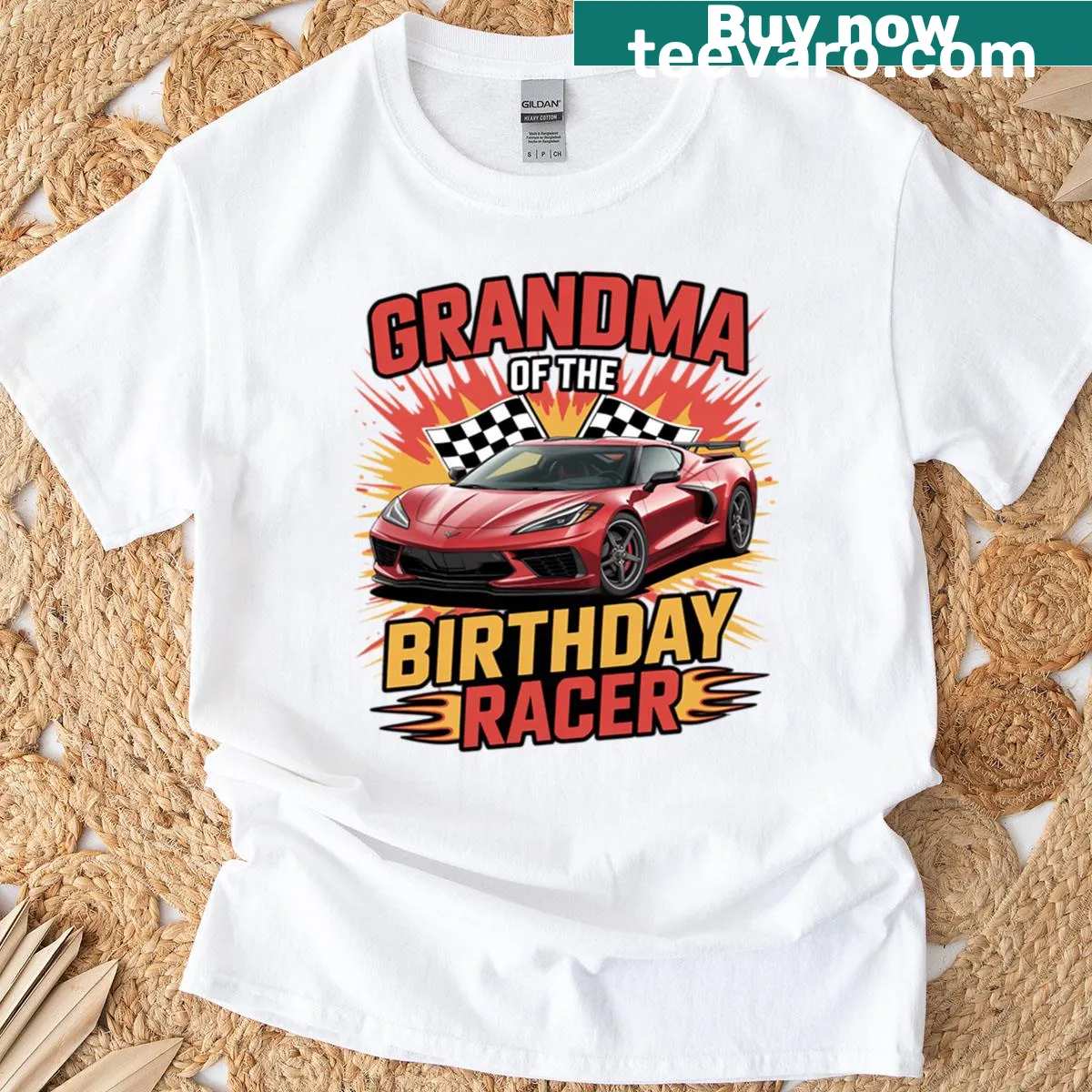 Illustrated Grandma birthday racer t-shirt with race car graphic — on a men's t-shirt