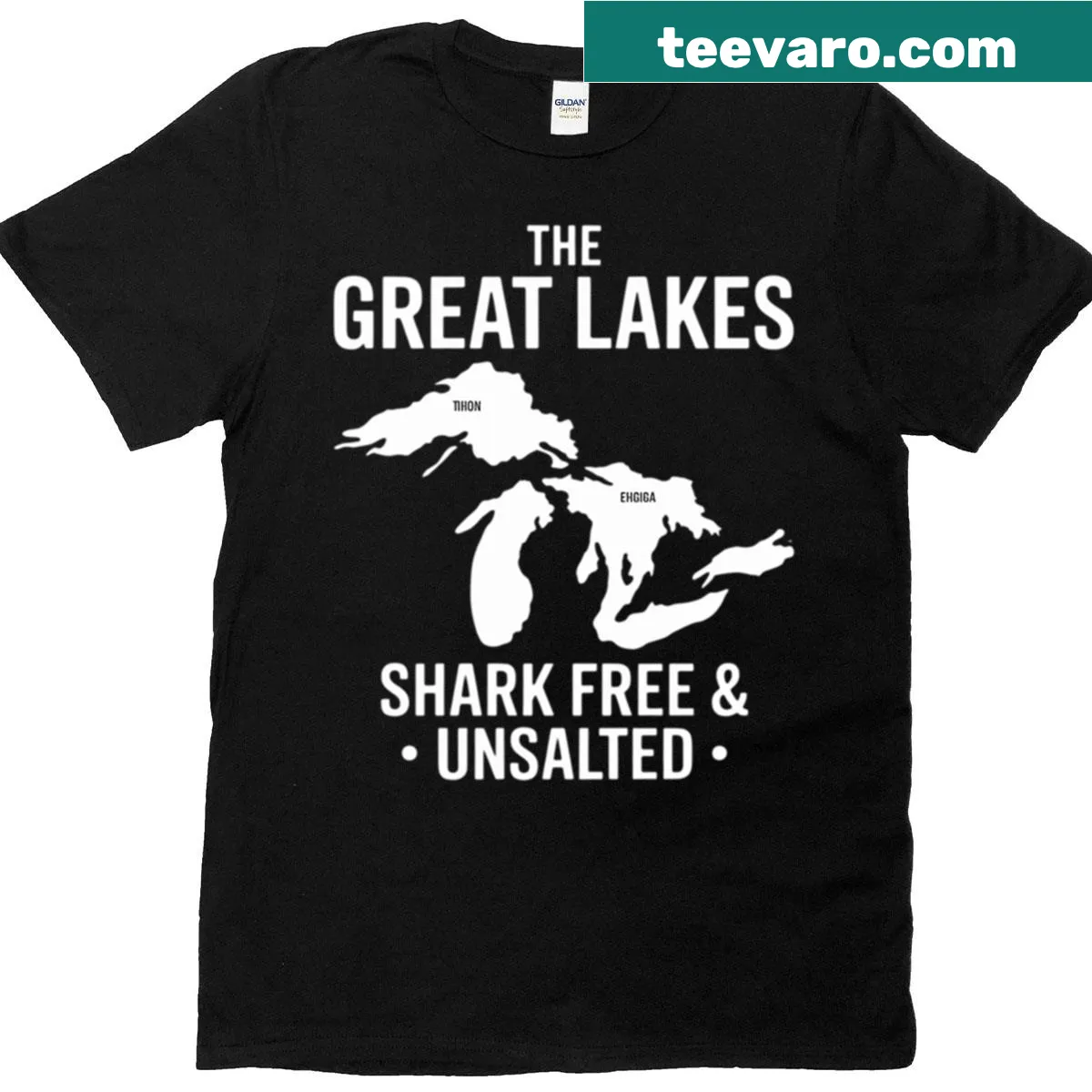 Humorous T-shirt with Great Lakes theme declaring 'Shark Free and Unsalted' — on a men's t-shirt