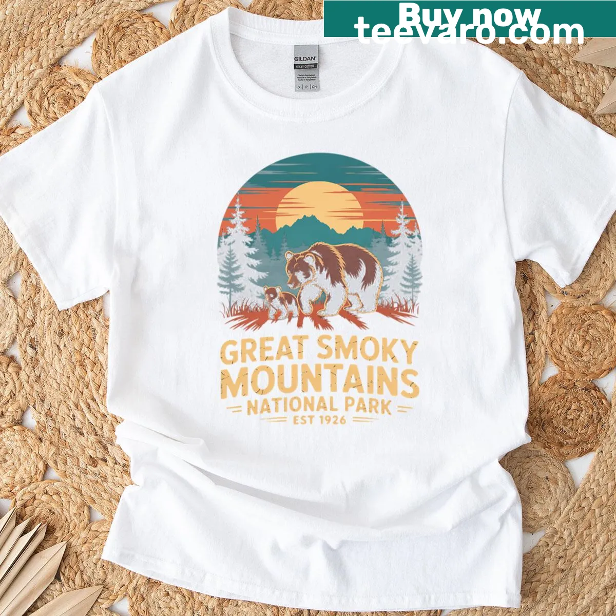 Bear graphic under a sunset in the Great Smoky Mountains on a T-shirt — on a men's t-shirt