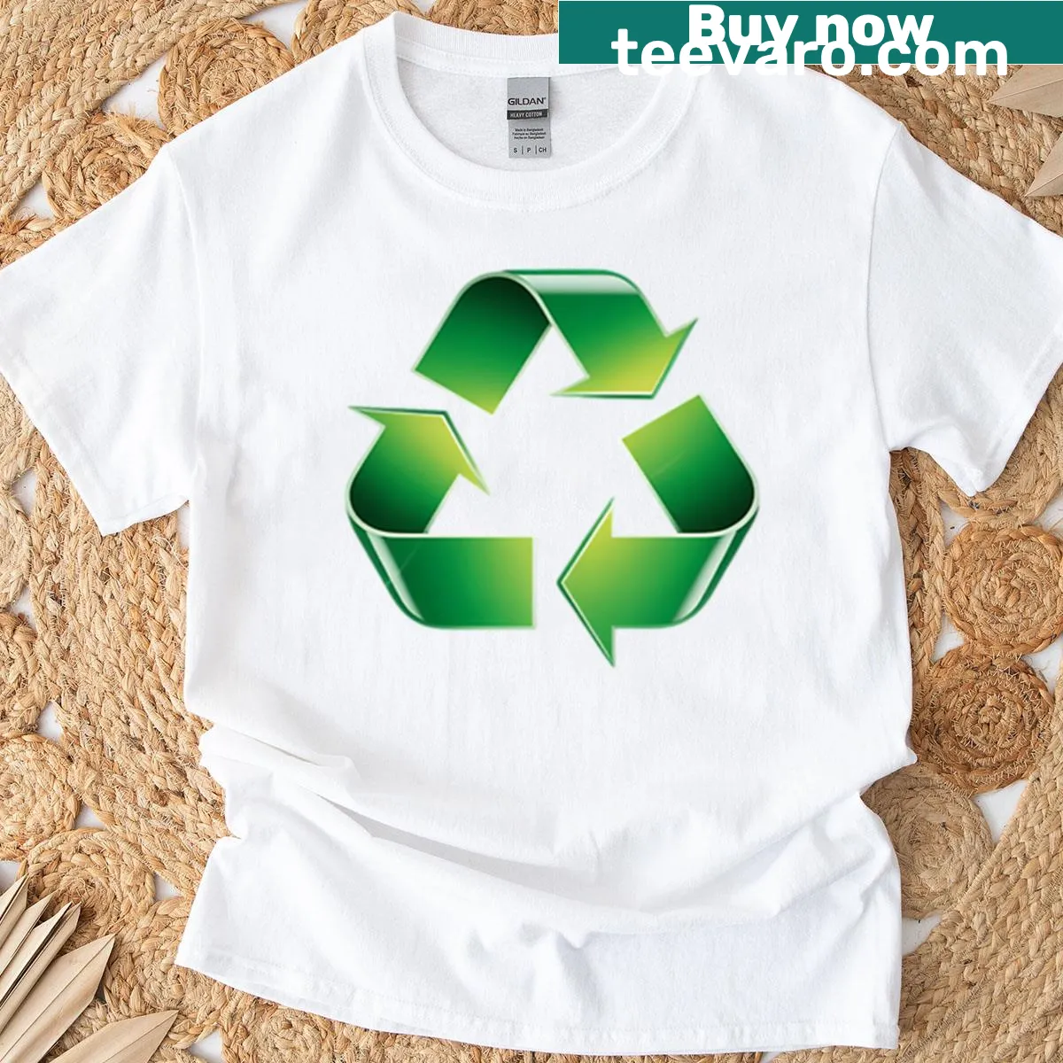 Green recycle symbol design on an eco-friendly T-shirt — on a men's t-shirt