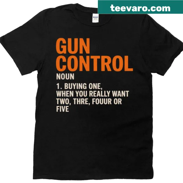 Graphic T-shirt featuring a gun control definition text design.
