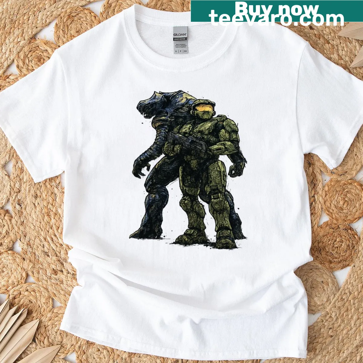 Illustrated t-shirt featuring Arbiter and Master Chief from Halo. — on a men's t-shirt