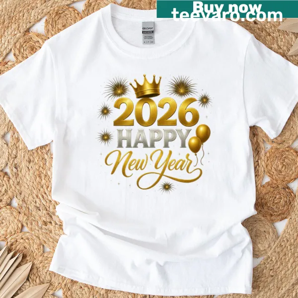 Happy New Year 2026 t-shirt with glitter graphic