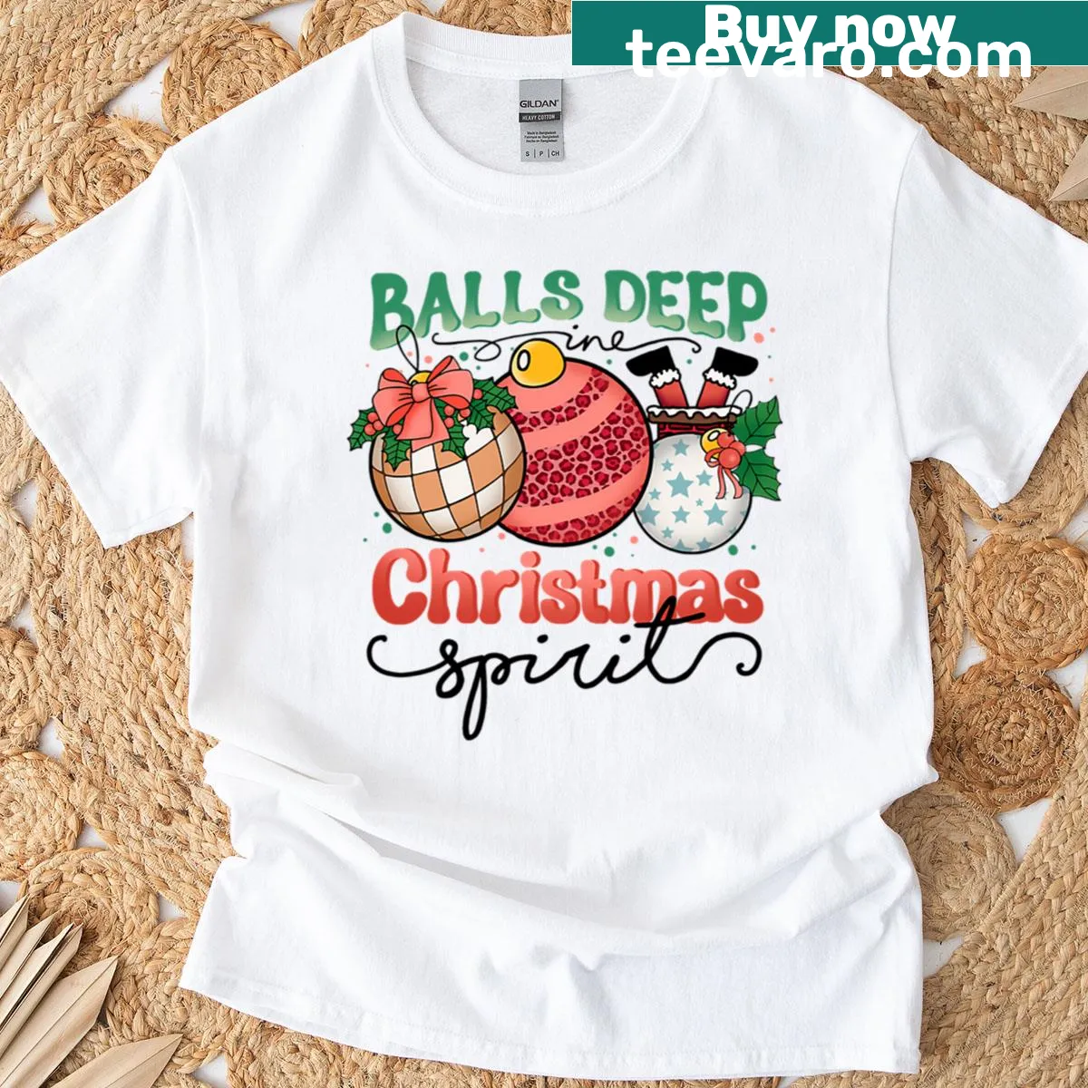 Vintage-style Christmas couple t-shirt with holiday quote and ornaments — on a men's t-shirt