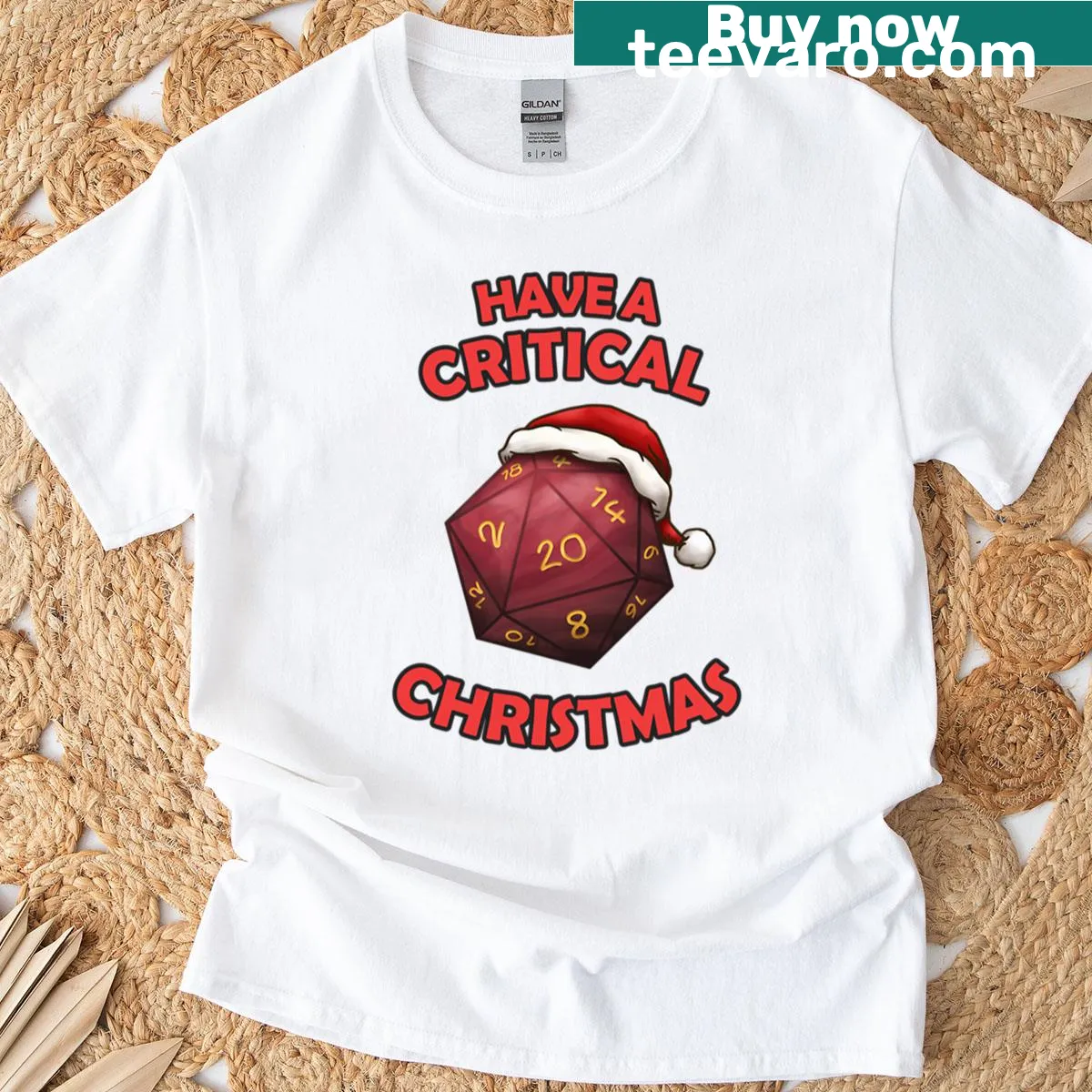 D20 red dice illustration on a playful Christmas T-shirt — on a men's t-shirt