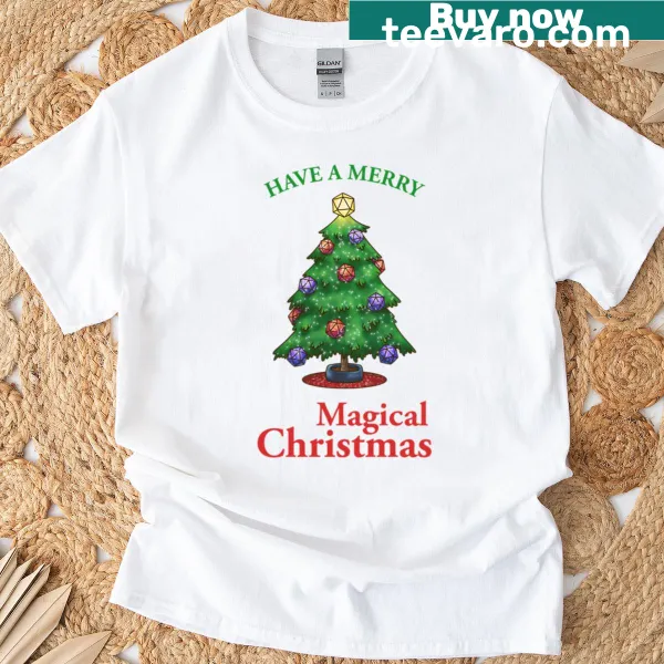 D20 die with Christmas tree graphic on shirt