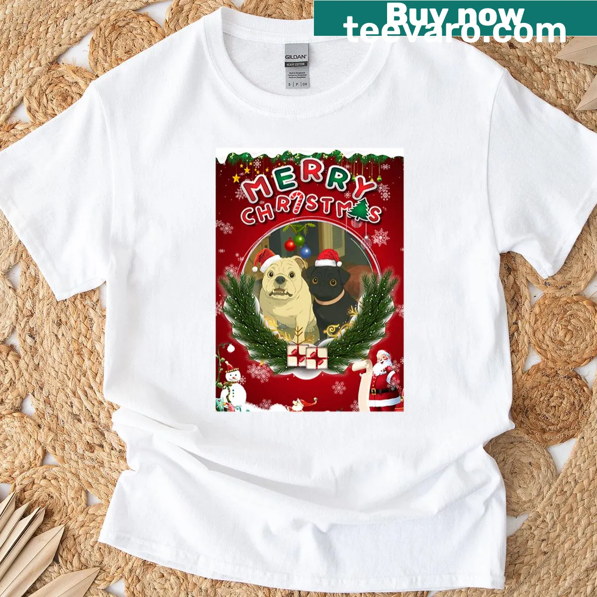 Whimsical bullpug illustration with Christmas elements on a t-shirt — on a men's t-shirt
