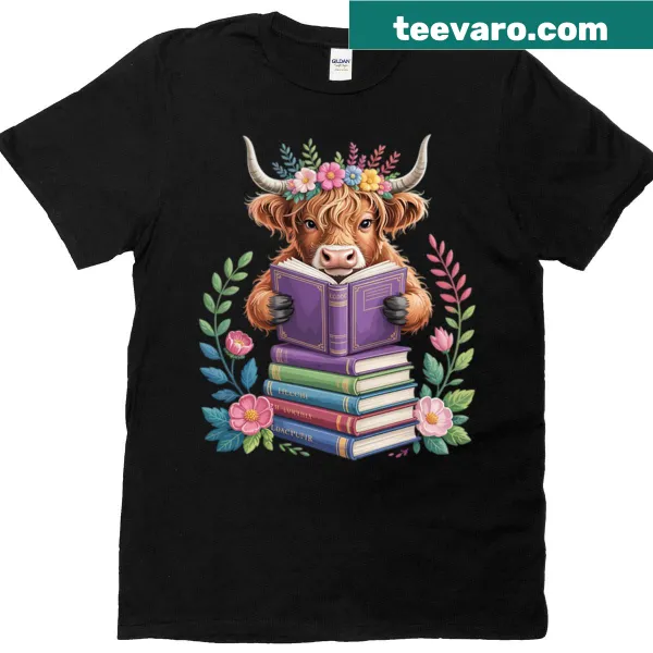 Illustration of a Highland cow reading a book on a T-shirt