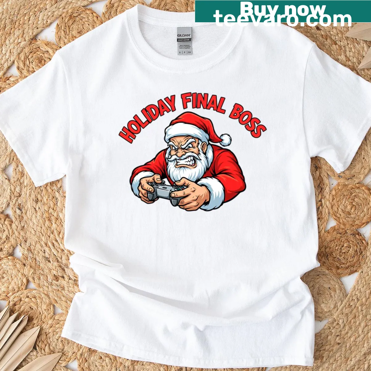 Funny Christmas gamer t-shirt featuring a holiday-themed final boss. — on a men's t-shirt