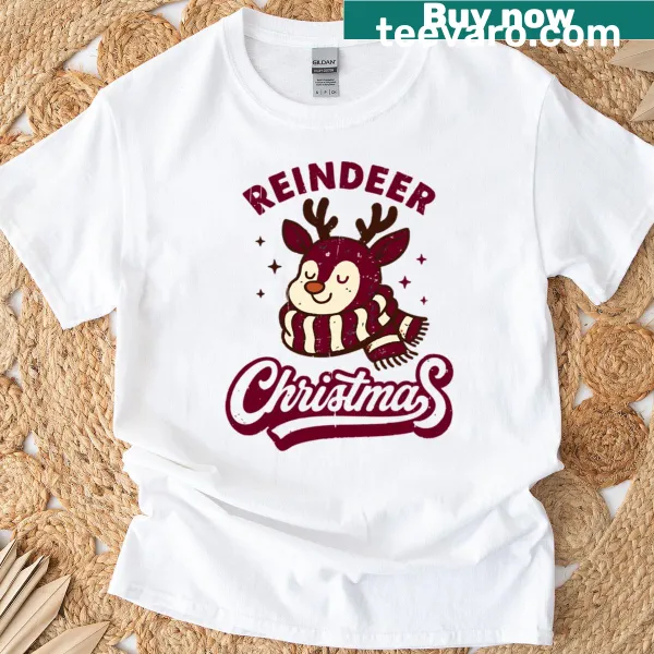Cute reindeer illustration with oversized scarf on a holiday T-shirt