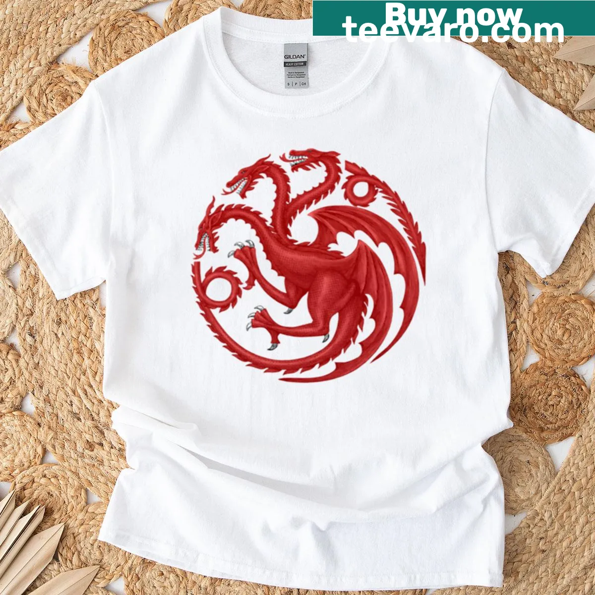 Illustrated House of the Dragon t-shirt featuring dragon imagery — on a men's t-shirt
