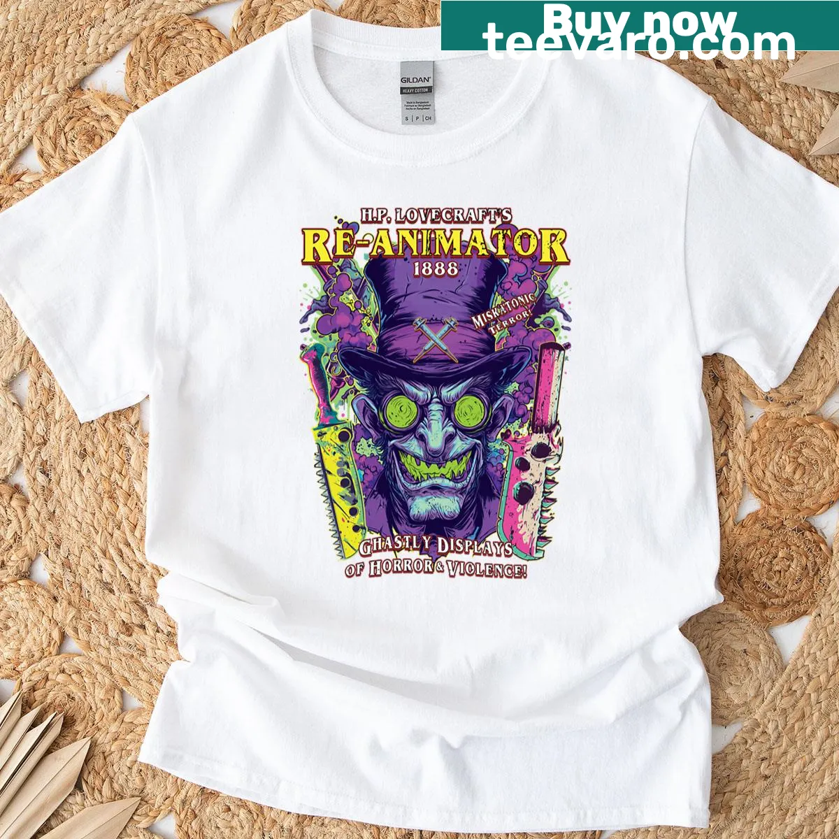 Vintage distressed design inspired by H.P. Lovecraft's Re-animator — on a men's t-shirt